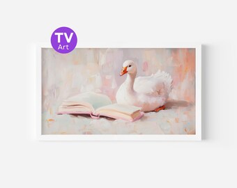 Goose Reading Book Frame TV Art, Pastel Nursery Decor (Digital Download)
