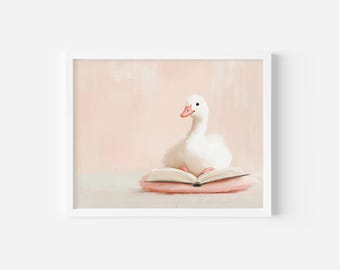 Impression d'art pastel Goose Reading, décoration murale pour chambre d'enfant (téléchargement numérique)
