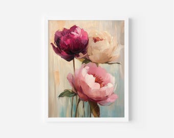 Vintage Peony Painting, Cottagecore Floral Wall Decor (Digital Download)