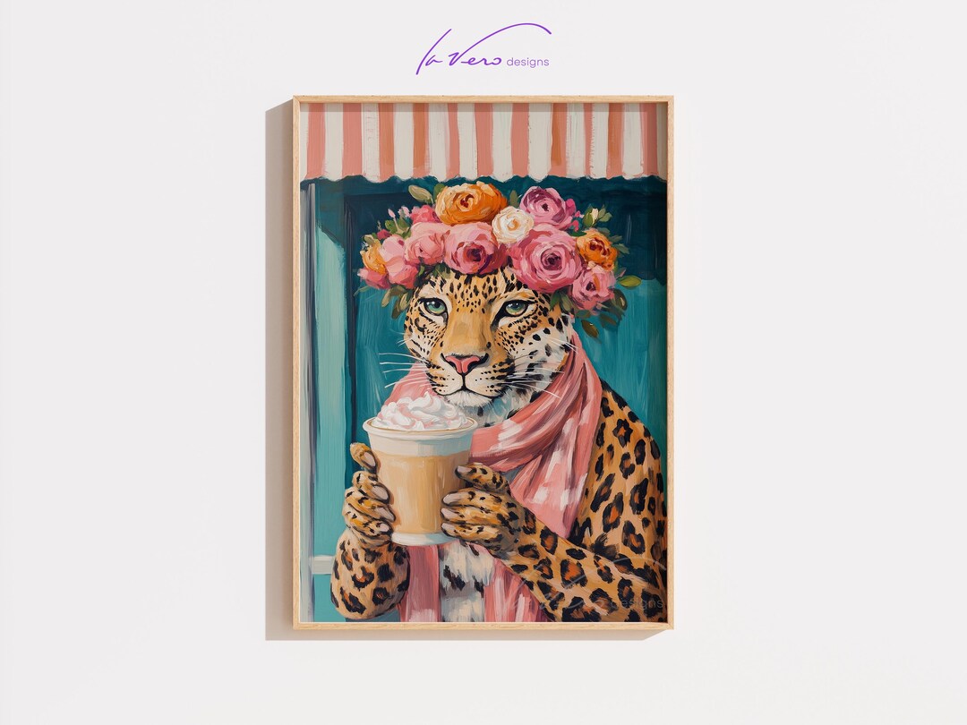 Floral Crown Leopard Art Print – Whimsical Animal Portrait (digital ...