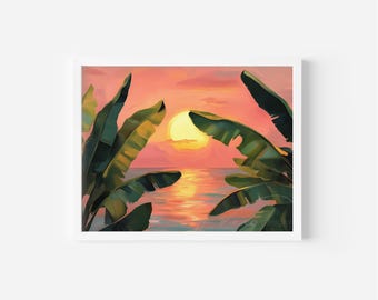 Tropical Sunset Banana Leaf Print, Coastal Wall Art (Digital Download)