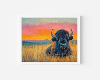 Vintage Bison Sunset Art Print, Country Landscape (Digital Download)