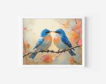Bluebird Painting, Vintage Cottagecore Bird Art, Floral Print (Digital Download)