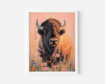 Vintage Bison Floral Print, Rustic Farmhouse Wall Art (Digital Download)