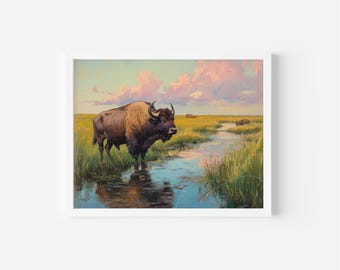 Bison Landscape Printable Wall Art, Vintage Country Decor (Digital Poster)