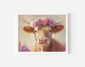 Floral Crown Highland Cow Print – Farmhouse Pastel Wall Art (Digital Download)