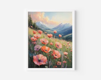 Floral Mountain Meadow Print – Pastel Landscape Wall Art (Digital Download)