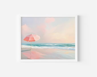 Pastel Beach Umbrella Art – Serene Coastal Print (Digital Download)