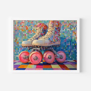 May include: A framed artwork featuring a pair of roller skates. The skates have white uppers with colorful patterned accents and pink wheels. The background is a mosaic of colorful squares, and the floor is a geometric pattern.