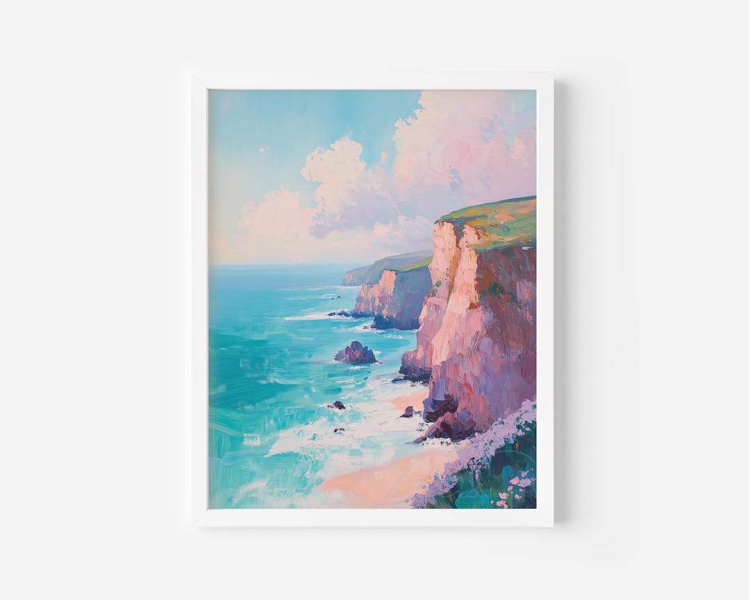 Pink Coastal Seascape Wall Art Printable, Ocean Cliff Landscape, Pastel ...