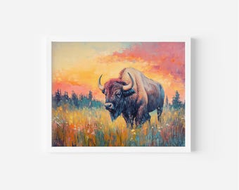 Bison in Autumn Meadow Print, Vintage Country Landscape (Digital Download)