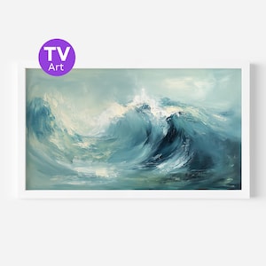 以下が含まれることがあります： 青と白の色合いで描かれた、海の波の額入り抽象画。このアートワークは、海の動きとエネルギーを捉えたダイナミックな筆致が特徴です。「TV Art」と紫色の円でラベル付けされています。
