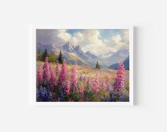 May include: A framed landscape painting depicts a mountain range under a cloudy sky. The foreground features a field of vibrant pink and purple wildflowers. Green trees dot the landscape, adding depth to the scene. The artwork is encased in a white frame.