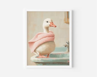 Goose in Pink Towel Print – Whimsical Bathroom Art (Digital Download)