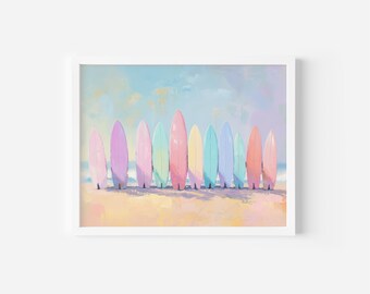 Pastel Surfboards Beach Print – Coastal Seascape Wall Art (Digital Download)