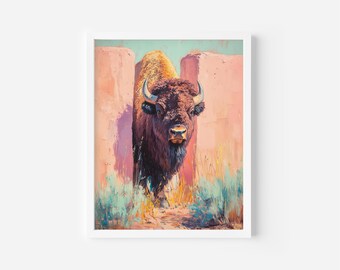 Vintage Bison Landscape Art, Southwestern Wildlife Poster (Digital Download)
