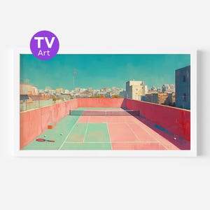 May include: A framed art print featuring a rooftop tennis court with a teal and pink color scheme. The court is surrounded by a red wall, with a cityscape in the background. A tennis racket and balls are visible. The artwork has a vintage aesthetic, with the text "TV Art" in a purple circle.