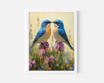 May include: A framed art print depicting two bluebirds, each with blue plumage and yellow chests, perched on purple and pink flowers. The background is a soft yellow with green hues, creating a serene scene.