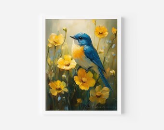 May include: A framed art print depicting a bluebird amidst yellow flowers. The bird has blue and orange feathers, with a black beak. The flowers are a bright yellow, set against a soft green and beige background. The artwork is signed in the bottom right corner.