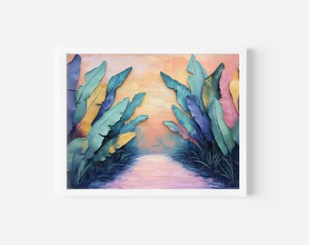 Banana Leaf Garden Path Art Print, Tropical Botanical Wall Decor (Digital Download)