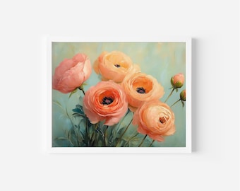 Peach Ranunculus Floral Print – Vintage Cottagecore Wall Art (Digital Download)