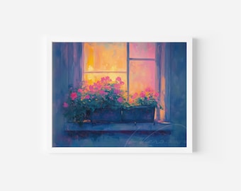 Parisian Cafe Window Floral Art Print, Vintage Style (Digital Download)