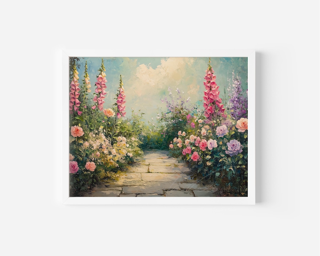 Cottage Garden Path Art Print – Foxgloves & Roses Landscape (digital ...