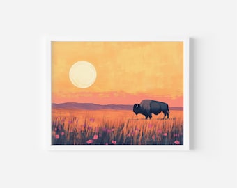Impressão artística de pôr do sol na pradaria com bisontes, estilo casa de fazenda vintage (download digital)