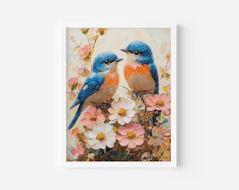 May include: A framed art print depicting two bluebirds amidst a floral arrangement. The birds display blue and orange feathers, set against pink and white flowers. The painting style is evident, with visible brushstrokes adding texture to the artwork.