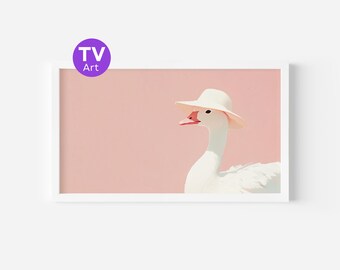 Goose in Sun Hat Frame TV Art, Pastel Pink Decor (Digital Download)