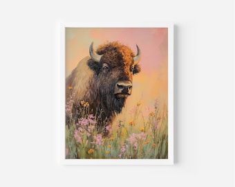 Vintage Bison Wildflower Print, Southwestern Landscape Art (Digital Download)