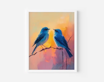 May include: A framed art print depicting two blue birds on a branch. The artwork uses a textured brushstroke technique, set against a backdrop of orange, yellow, and pink tones, creating a vibrant scene.