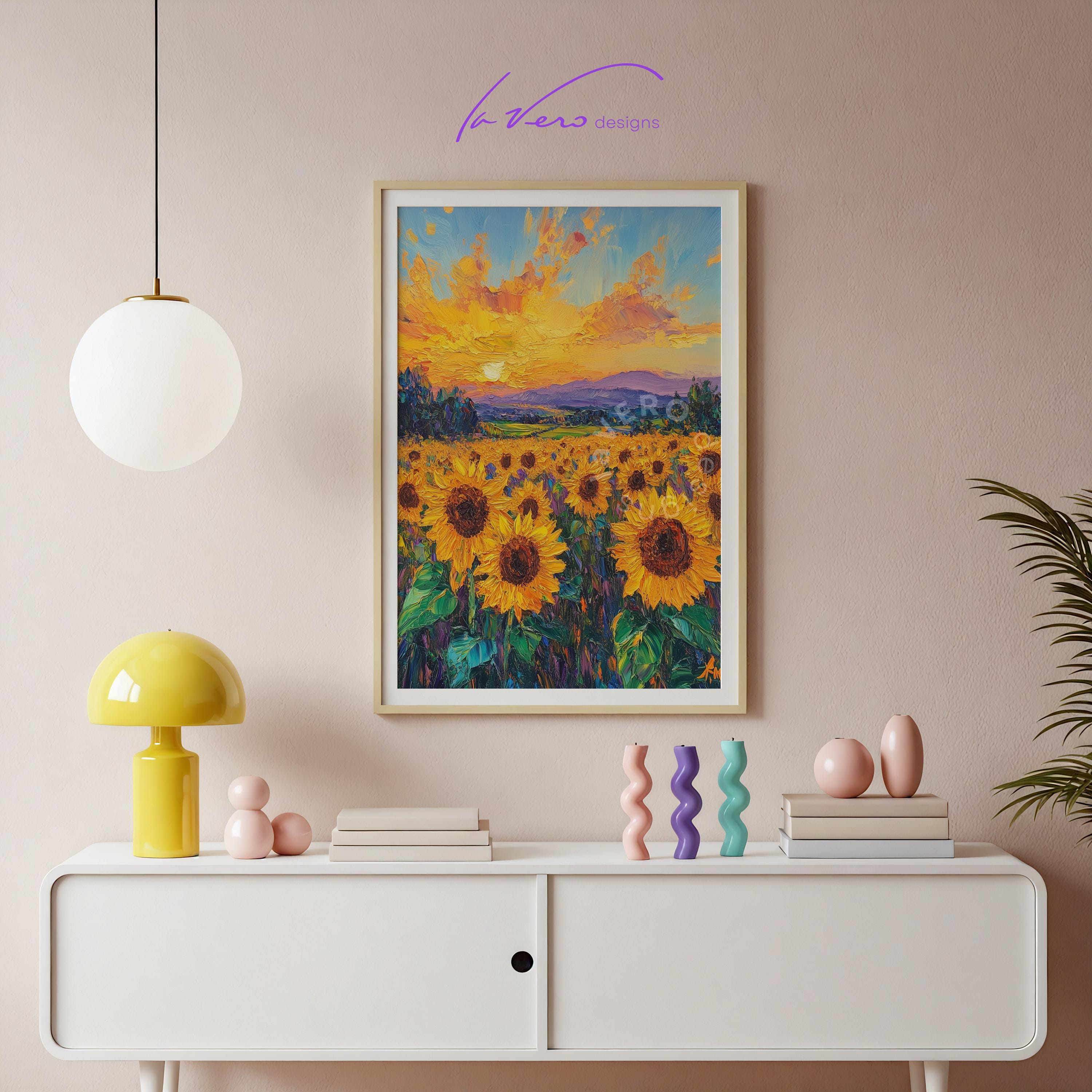 ひまわり畑の風景画、黄金の夕焼けの絵画（デジタルダウンロード
