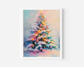 Impresión de árbol de Navidad en colores pastel: Paisaje invernal nevado (descarga digital)