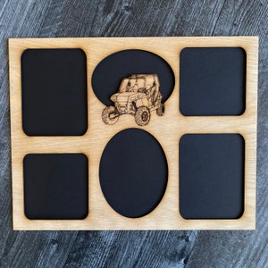 May include: A wooden picture frame with six openings for photos. The frame has a cutout of a small utility vehicle in the center. The frame is a light brown color.