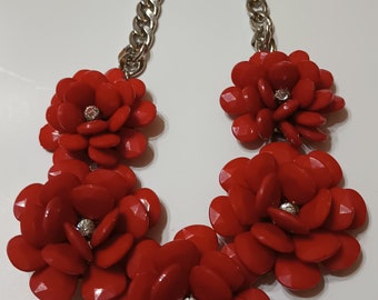 Red Enamel and Rhinestone Floral Choker