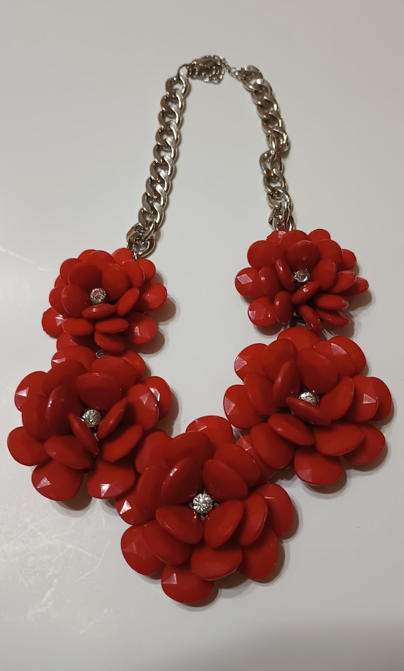 Red Enamel and Rhinestone Floral Choker