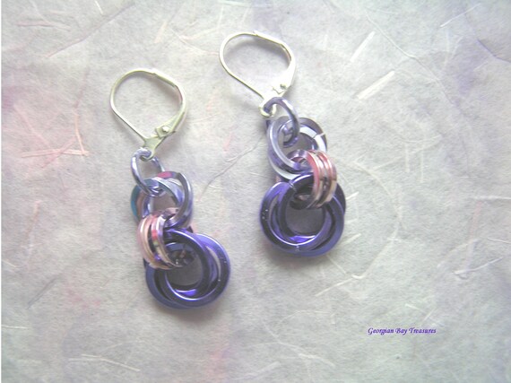 Purple, lavender and pale pink dangle chainmaille earrings silver spring summer jewellery handmade gift under 20 gift for her GBT294