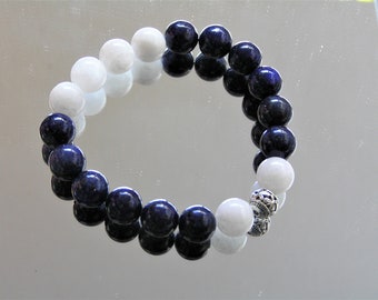 Moonstone and Lapis stretch bracelet roll it on roll it off cobalt blue white Handmade Gift Free Shipping #699