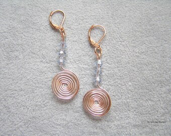 Soft blue crystal and rose gold spiral hoop earrings, handmade, gorgeous dangle earrings, handmade, gift under 20, Free Shipping GBT451