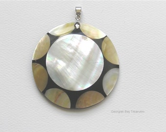 Mother of pearl inlaid pendant, circular design, gift under 20, multi coloured