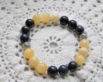 Lapis and yellow jade stretch bracelet roll it on roll it off blue yellow Handmade Gift under 20 Free Shipping #696