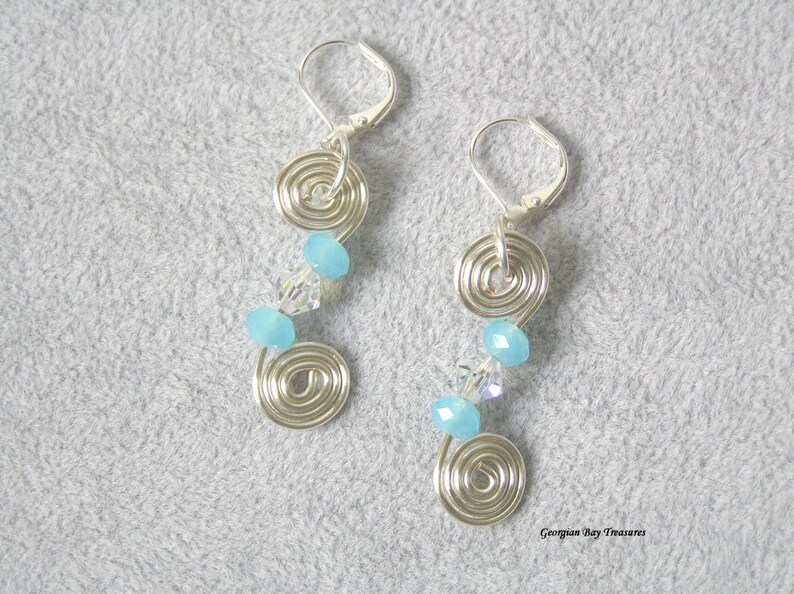 Baby Blue Spiral Dangle Earrings, Czech Beads, Chalcedony Blue