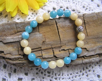 Blue sponge quartz and yellow jade stretch bracelet roll it on roll it off  Handmade Gift Under 20  Free Shipping #701