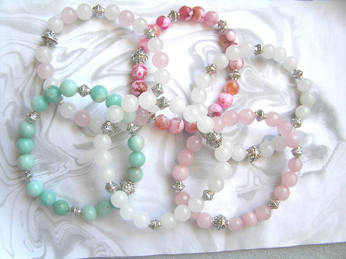 White Jade & Rose Quartz Bracelet Handmade Gift Idea Under 20 Etsy Canada