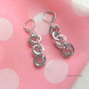 Silver dangle chainmaille earrings every day spring summer fashion jewellery handmade gift under 20 gift for her GBT277