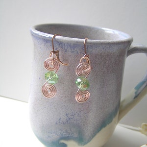 Apple green, mint green spiral earrings, glass bead, rose gold wire wrap, OOAK, handmade, gift under 20, gift for her, GBT242