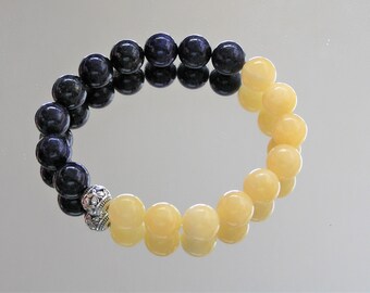 Lapis and yellow jade stretch bracelet roll it on roll it off blue yellow Handmade Gift under 20 Free Shipping #695