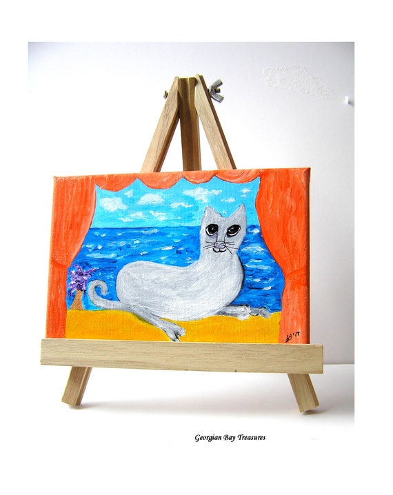 Cat Art Grey Windowsill Kitty Folk Art Cat On Windowsill Etsy