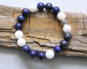 Moonstone and Lapis stretch bracelet roll it on roll it off cobalt blue white Handmade Gift Free Shipping #698